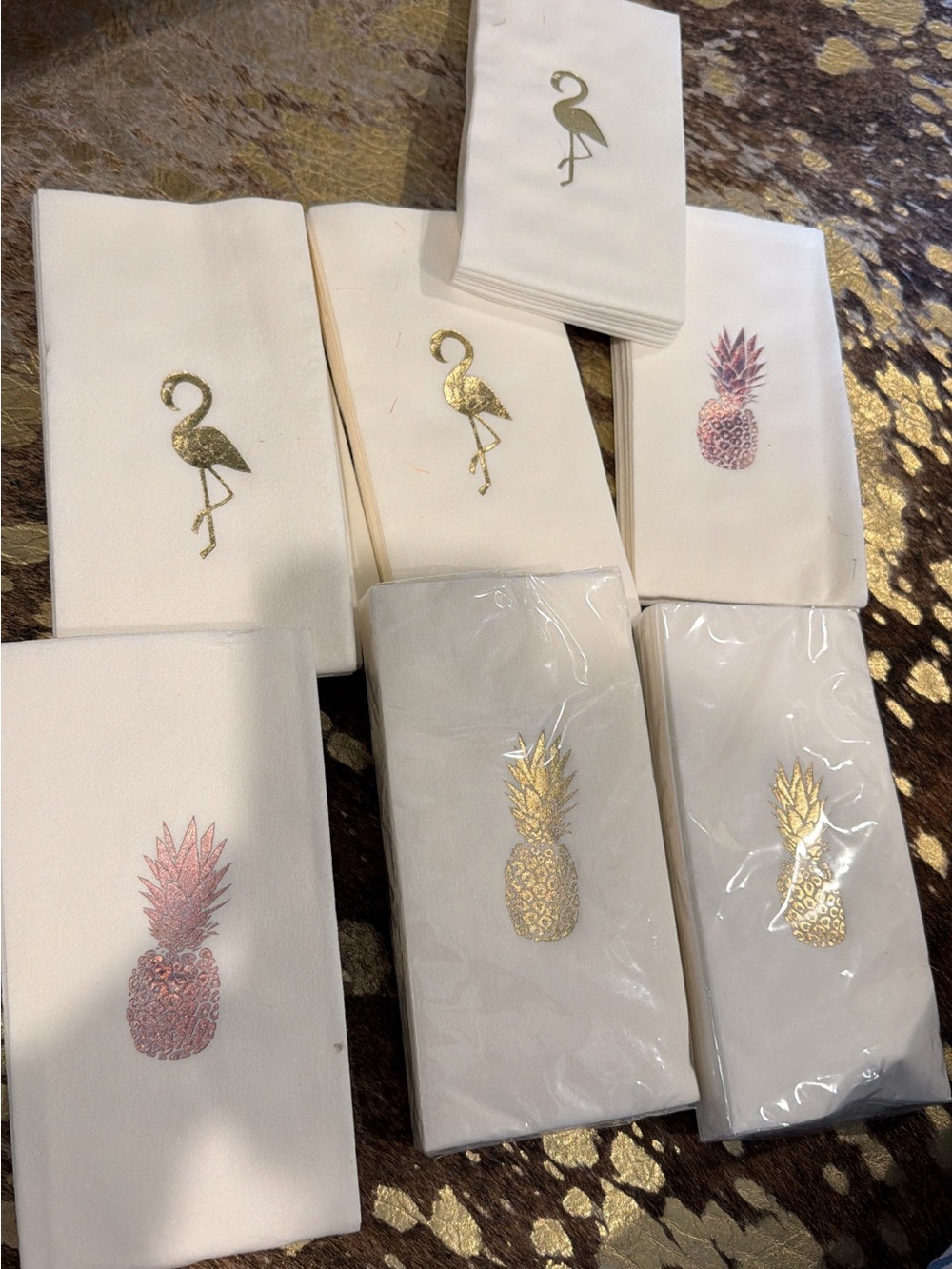 Gold Flamingo & Pineapple Embroidered White Cocktail Napkins